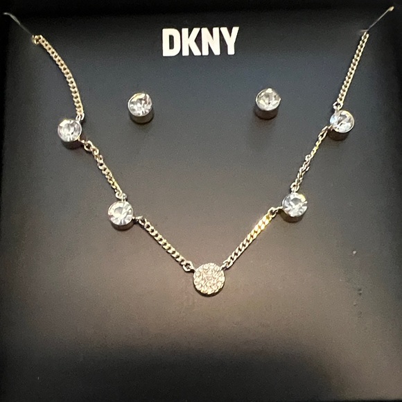 Dkny Jewelry - DKNY Gold and Silver Necklace and Earrings Set with Crystal Details